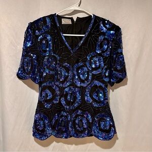 Vintage Royal Blue Black Silk Sequin Blouse Size M